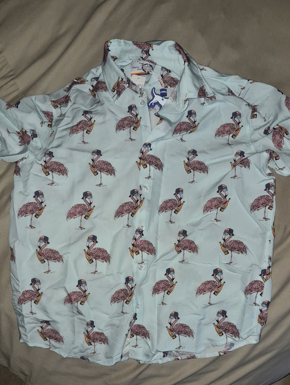 Simply Southern Light Blue Flamingo Beer  Button-Up Shirt